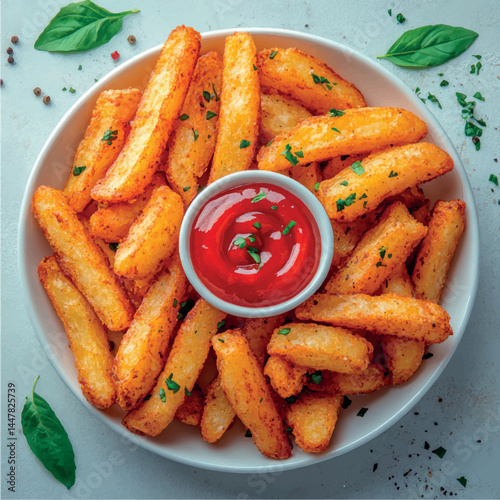 French fries isolated with sauce. Fried potatoes, chips. Fast food. Photo of French fries menu.	
