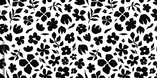 Obraz na płótnie Seamless floral pattern with hand drawn black flowers and leaves on a white background. Modern botanical design, perfect for textiles, wallpaper, packaging, stationery, and trendy digital projects. w salonie