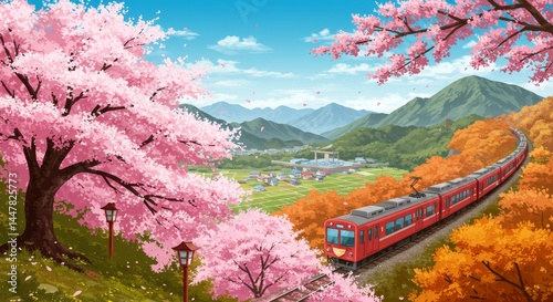 Scenic Train Journey Through Cherry Blossoms - A red train travels through a picturesque landscape of cherry blossoms and autumn leaves, mountains in the background