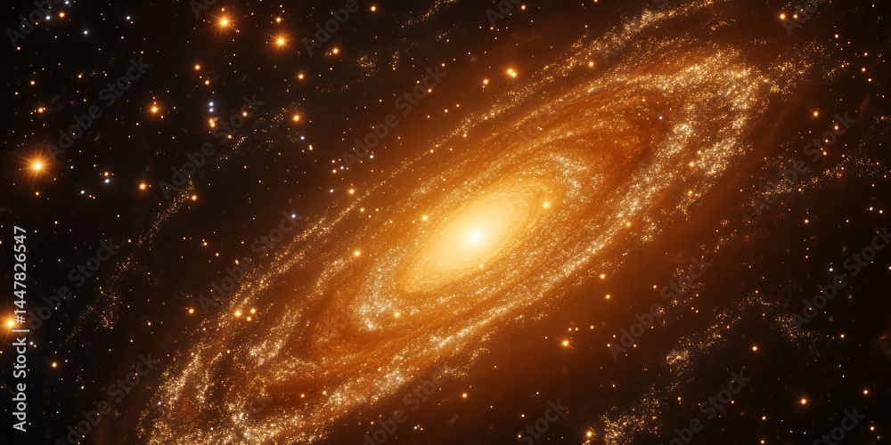 Stunning Golden Spiral Galaxy in Deep Space Starry Night Celestial Background