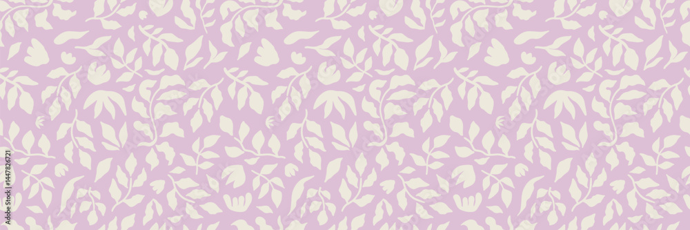 Floral modern seamless pattern. Cute botanical shapes, random childish doodle cutouts of tropical leaves, flowers, and branches, decorative abstract art vector illustration. Pink flower background