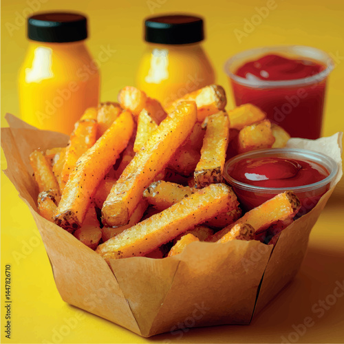 French fries isolated with sauce. Fried potatoes, chips. Fast food. Photo of French fries menu.	