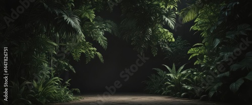 Intricate shadows dance across rich, dark green tropical foliage and vines against a black background , green, leaves, wild