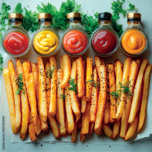 French fries isolated with sauce. Fried potatoes, chips. Fast food. Photo of French fries menu.	
