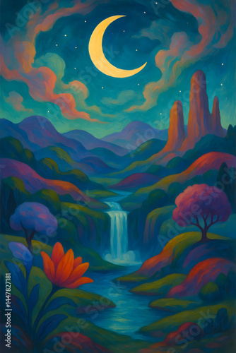 Colorful Night Landscape with Waterfall and Crescent Moon