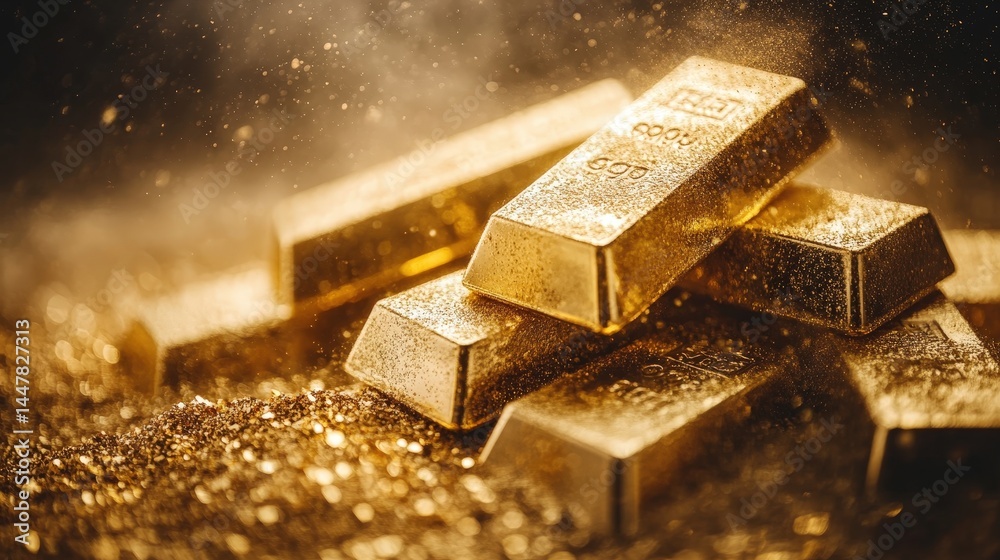 A pile of gold bars partially covered in fine dust, resembling an ancient treasure hoard A pile of gold bars partially covered in fine dust, resembling an ancient treasure hoard