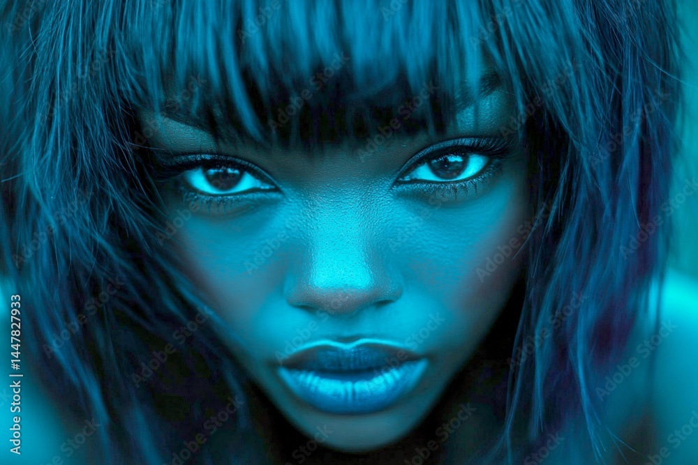 Commercial ad campaign creative. Short hairdo - blue hair. Stunning calm black girl - for ads, banner and online banner promotion use. Trendy short hair. African american art. Black girl styl.