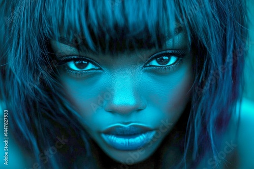 Obraz na płótnie Commercial ad campaign creative. Short hairdo - blue hair. Stunning calm black girl - for ads, banner and online banner promotion use. Trendy short hair. African american art. Black girl styl. w salonie