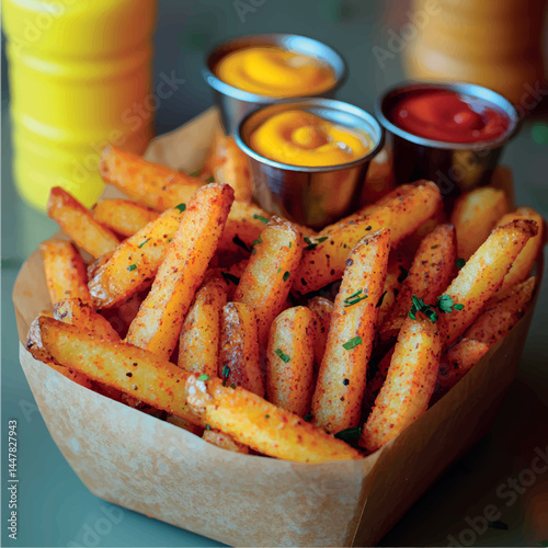 French fries isolated with sauce. Fried potatoes, chips. Fast food. Photo of French fries menu.	