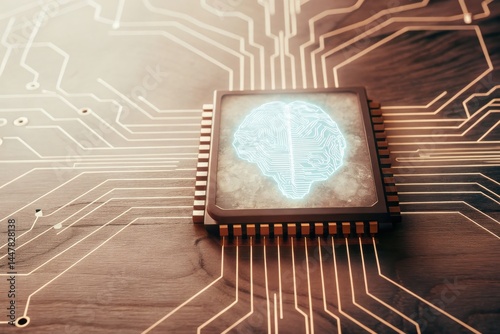 Futuristic AI brain chip embedded on glowing circuit board with warm light