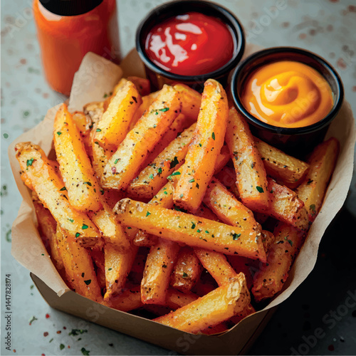 French fries isolated with sauce. Fried potatoes, chips. Fast food. Photo of French fries menu.	