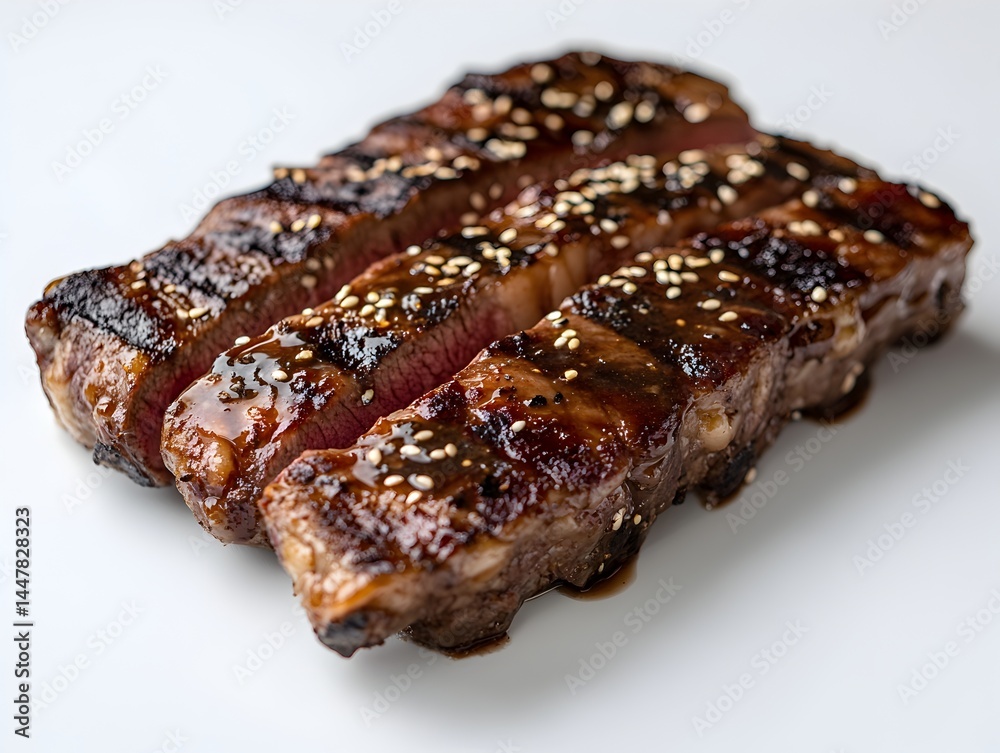 Delicious grilled steak sliced and drizzled with teriyaki glaze and sesame seeds is presented on a white plate for culinary enjoyment. Delicious grilled steak sliced and drizzled with teriyaki glaze and sesame seeds is presented on a white plate for culinary enjoyment.