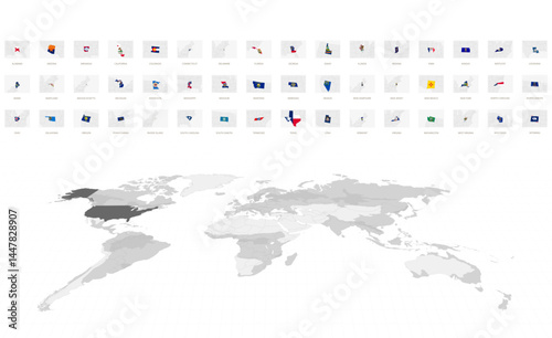 US State Maps in Gray with National Flags. Gray World Map Featuring United States of America