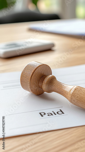 Wooden stamp resting on paid document against wooden table  