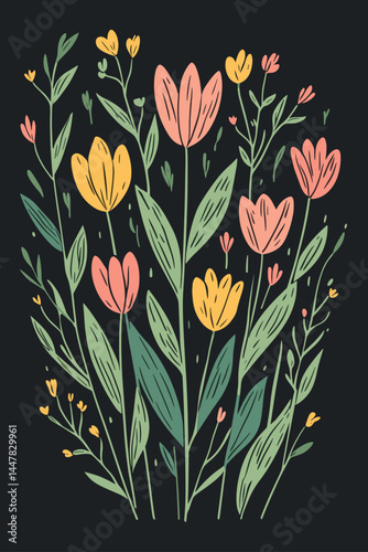 Bright floral design with colorful tulips on a dark background.