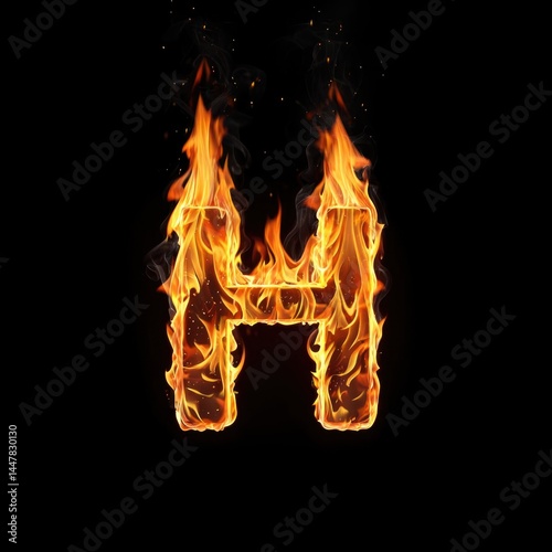 The letter H is formed from fire, with flames licking out against a deep, black backdrop.