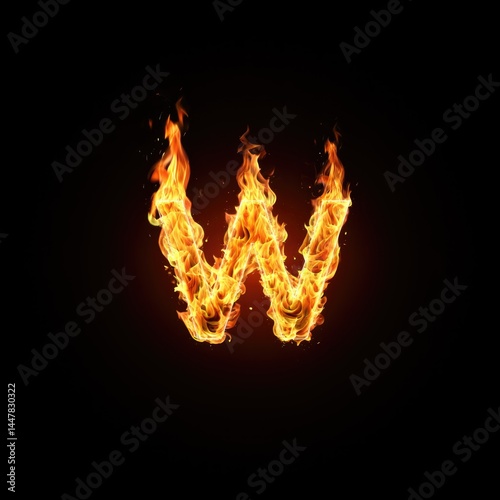 The letter W is formed from fire, with flames licking out against a deep, black backdrop.