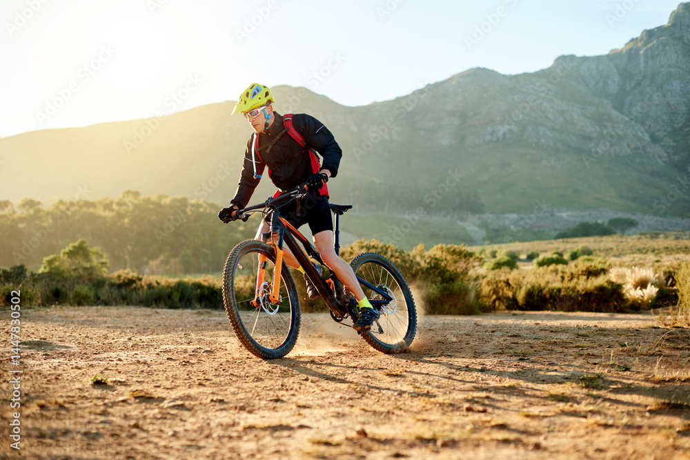 Mountain bike, training and man with adventure, energy and environment with competition. Person, adrenaline and cyclist with practice, extreme sports or countryside with hobby, journey and nature