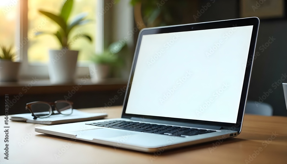 close up of laptop with blank screen in office close up of laptop with blank screen in office