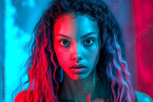Obraz na płótnie Lovely very amazed mixed-race girl - for ads, flyer and social networks use. Commercial promotion image. Long trim - multicolored hair. African elegance trends. Black woman style. w salonie