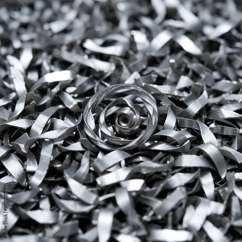 Steel scrap materials recycling. Aluminum chip waste after machining metal parts on a cnc lathe. Closeup twisted spiral steel shavings. Small roughness sharpness,