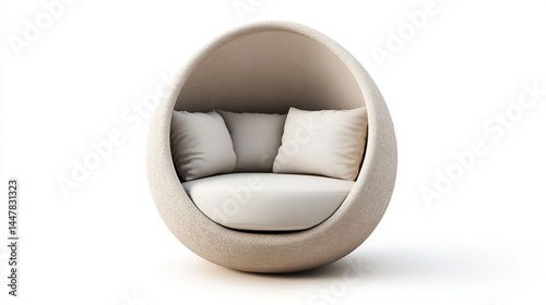 Beige egg-shaped chair with cushions.