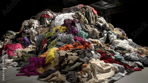 Large pile of discarded clothing creates a mountain of textiles and fabrics inside a dimly lit warehouse, symbolizing waste, surplus, and consumption.
