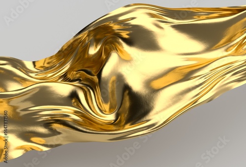 Luxurious gold metallic wave flows gracefully with smooth curves on a neutral background, showcasing a modern, abstract, and elegant 3D illustration with a reflective, shiny surface.
