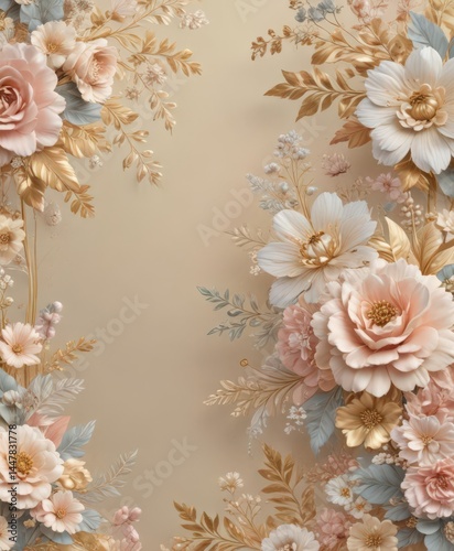 Pastel floral vintage wedding wallpaper, gold accents, texture, romantic