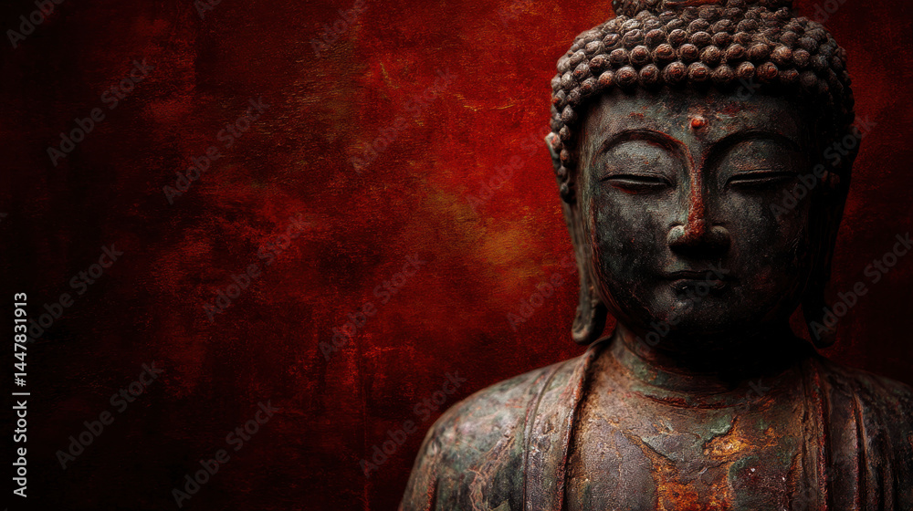 custom made wallpaper toronto digitalA weathered bronze Buddha statue with closed eyes stands serenely against a vibrant textured red and gold background, emanating peace and spiritual tranquility.