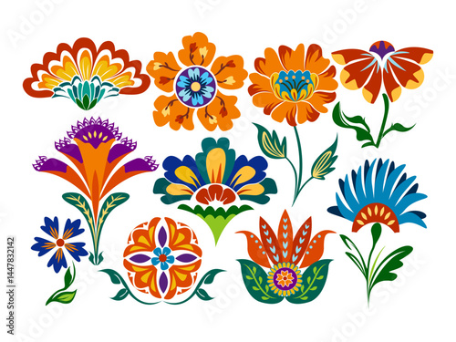 Set of folk hand drawn flowers exotic fantasy floral boho flower print design.