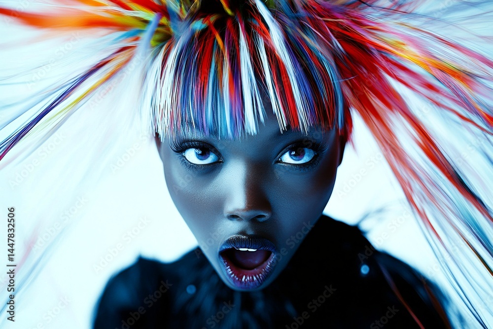 Commercial ad campaign conceptual art. Short trim - multicolored hair. Stunning very shocked black girl - for ads, flyer and social media use. Stylish black trends. Commercial portrait.