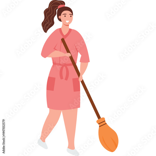 woman housewife sweeping floor vector icon isolated on white