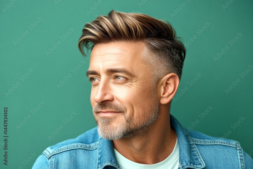 Idea of style for aging men. A charismatic and fashionable male with a trendy look. Green solid background. Trendy men's mid fade haircut - midlife white man with hair.