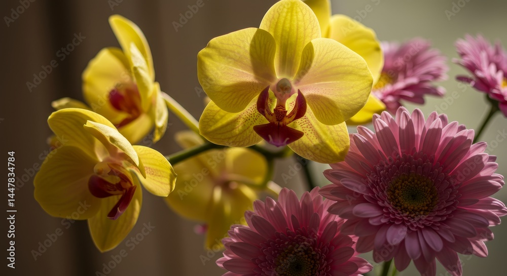 Fototapeta premium Yellow Orchids and Pink Gerbera Daisies - Close-up shot of vibrant yellow orchids and delicate pink gerbera daisies, bathed in soft sunlight