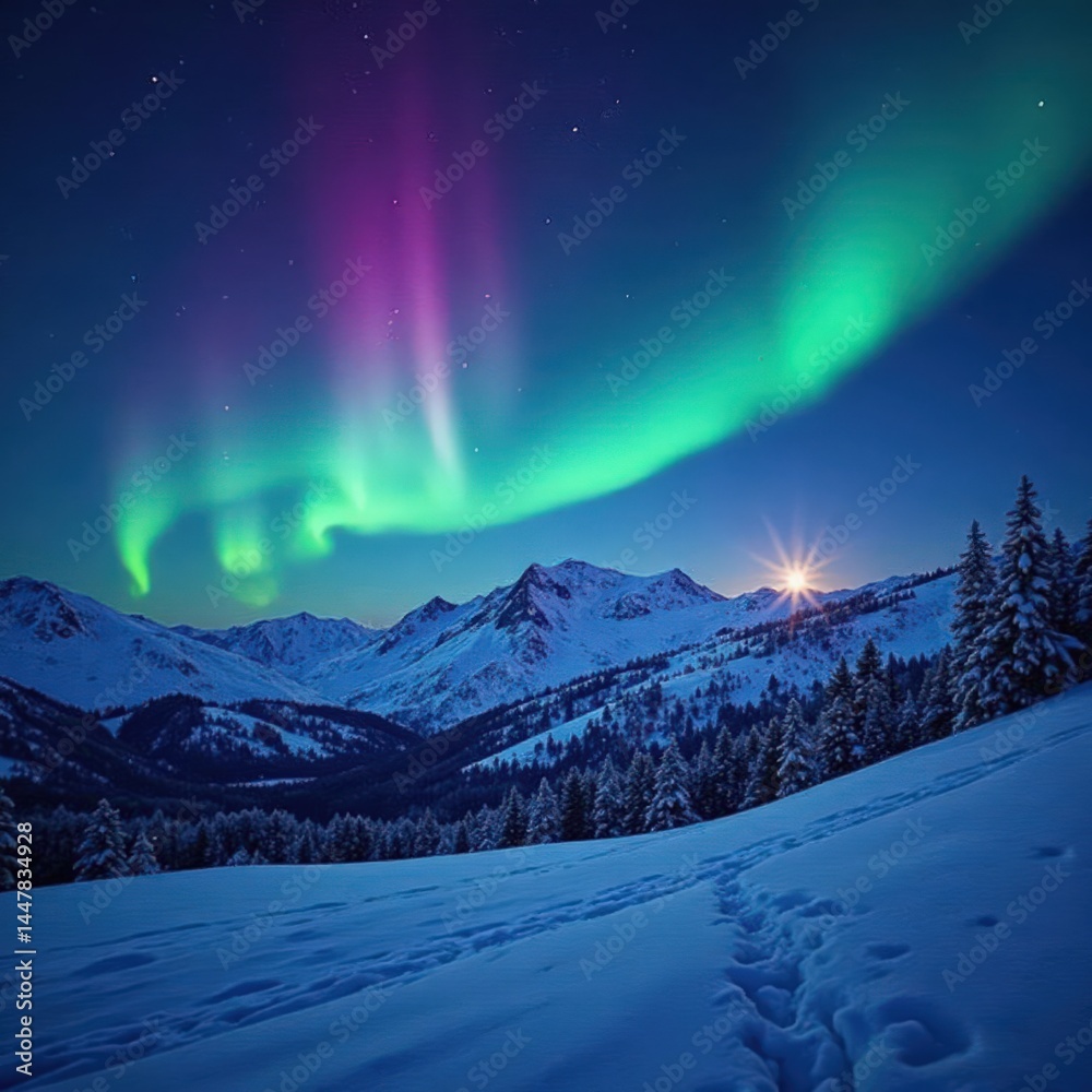 Snowy aurora borealis in the night sky above a mountain range covered in thick snow , icy, snow, night sky Snowy aurora borealis in the night sky above a mountain range covered in thick snow , icy, snow, night sky