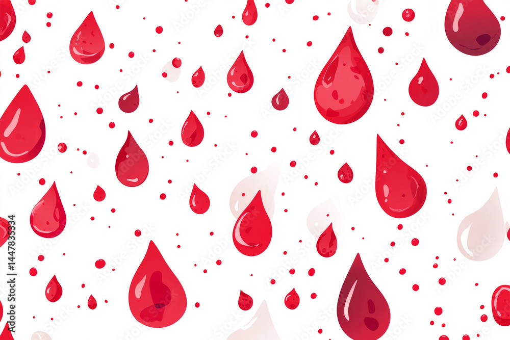 Multiple blood drops in various sizes, scattered across a white background, creating an abstract pattern Multiple blood drops in various sizes, scattered across a white background, creating an abstract pattern