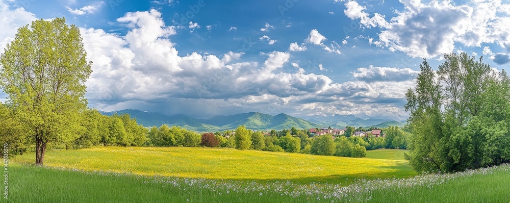 Fototapeta premium Idyllic mountain landscape with fresh green meadows and blooming wildflowers. Idyllic nature countryside view, rural outdoor natural view. idyllic banner nature, panoramic spring summer scenery Pro Ph
