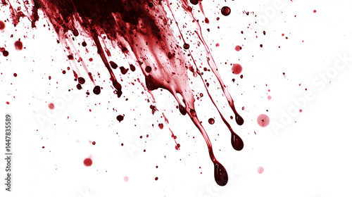 Detailed blood drip slowly trailing downwards, creating streaks, isolated on a white background.