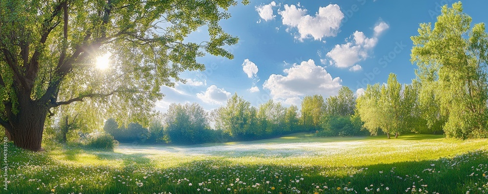 Obraz premium Idyllic mountain landscape with fresh green meadows and blooming wildflowers. Idyllic nature countryside view, rural outdoor natural view. idyllic banner nature, panoramic spring summer scenery Pro Ph