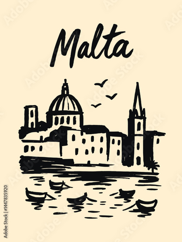 Malta harbor with boats and dome, hand drawn sketch vector