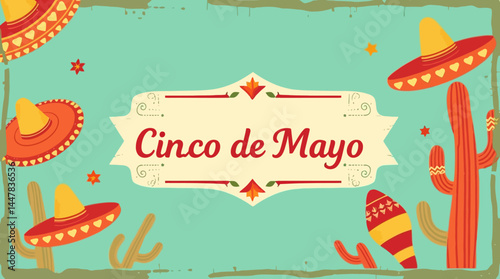 Cinco de Mayo Festive Background with Sombreros and Cacti