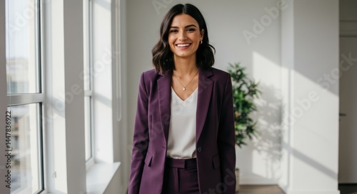 Smiling woman in purple blazer stands indoors near window with natural light.