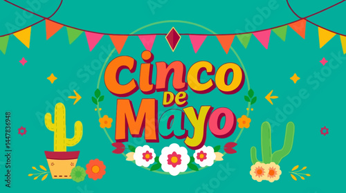 Cinco de Mayo Festive Design with Cacti and Flowers