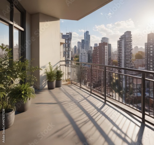 Sun-drenched modern apartment balcony, city view,  high-rise,  condo,  city view