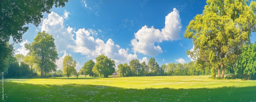 Fototapeta premium Idyllic mountain landscape with fresh green meadows and blooming wildflowers. Idyllic nature countryside view, rural outdoor natural view. idyllic banner nature, panoramic spring summer scenery Pro Ph