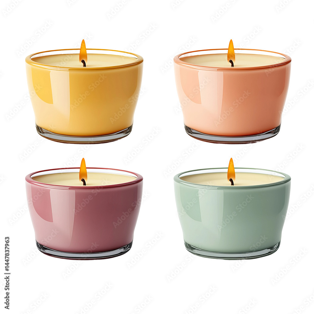 A collection of four colorful scented candles burning brightly, with a gentle, warm glow A collection of four colorful scented candles burning brightly, with a gentle, warm glow