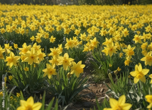 Sunlit daffodils burst forth in vibrant yellow, a sea of blooms in a verdant field , sunlit daffodils, field