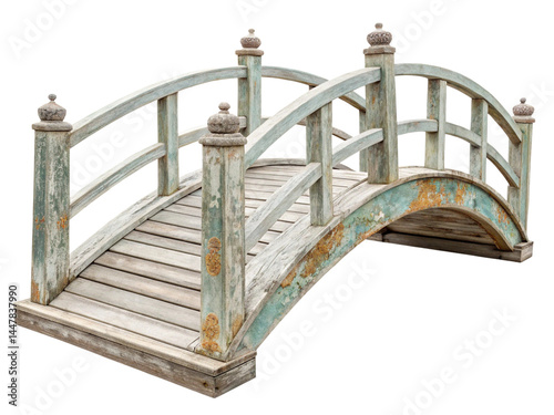 Old curved wooden bridge isolated on a white background.