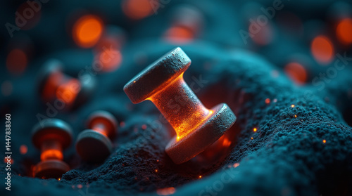 Micro photography of mitochondria lifting tiny dumbbells, glowing with energy, symbolizing 'the powerhouse of the cell'